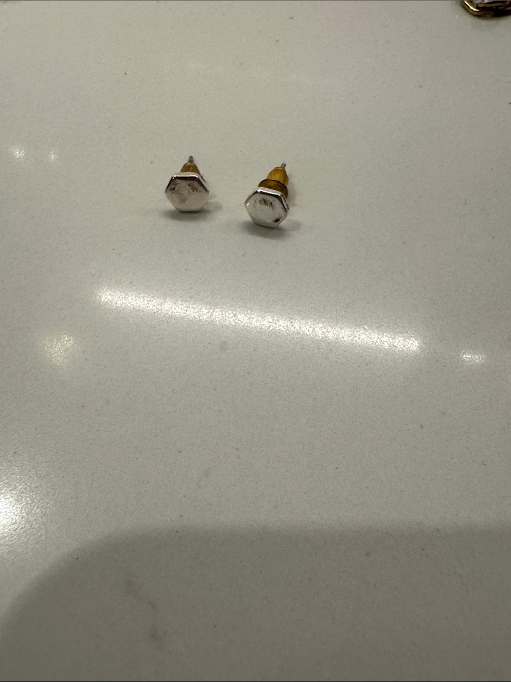 Hexagon Silver-Tone Stud Earrings with Gold Backs